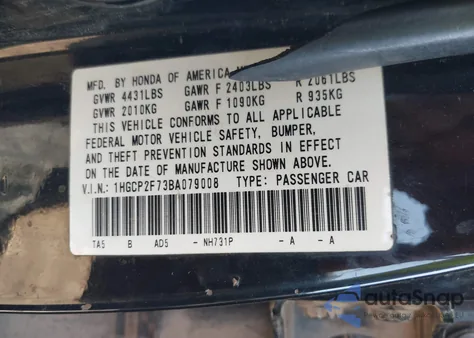2011 Honda Accord Ex z USA, uszkodzony, nr VIN 1HGCP2F73BA079008